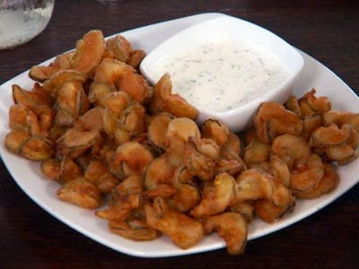 Fried Bread and Butter Pickles with Buttermilk Chive Dressing