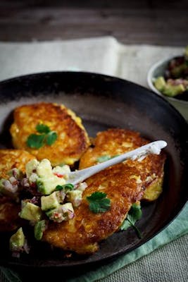 Cheesy Corn Cakes with Spicy Avocado Salsa 