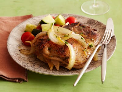Apple and Onion-Stuffed Pork Chops with Orange-Pineapple Gravy